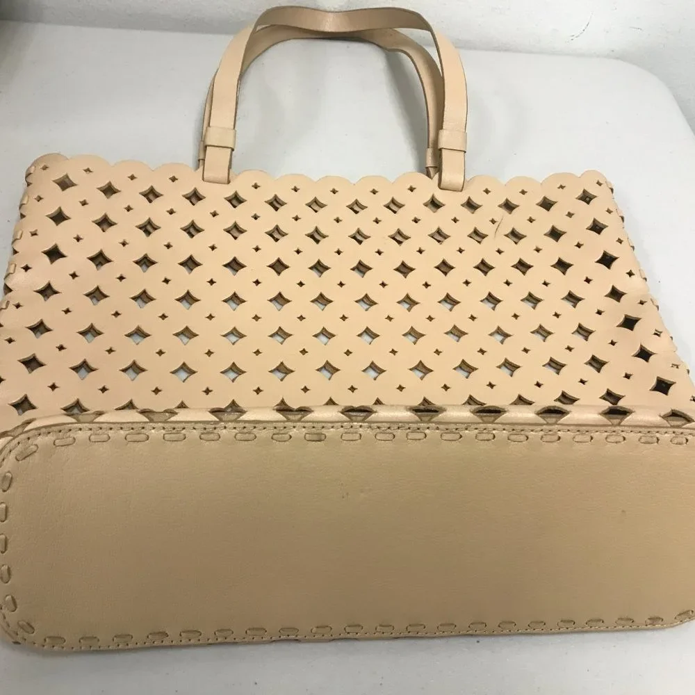 J Crew tan camel perforated leather tote bag